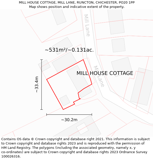 MILL HOUSE COTTAGE, MILL LANE, RUNCTON, CHICHESTER, PO20 1PP: Plot and title map