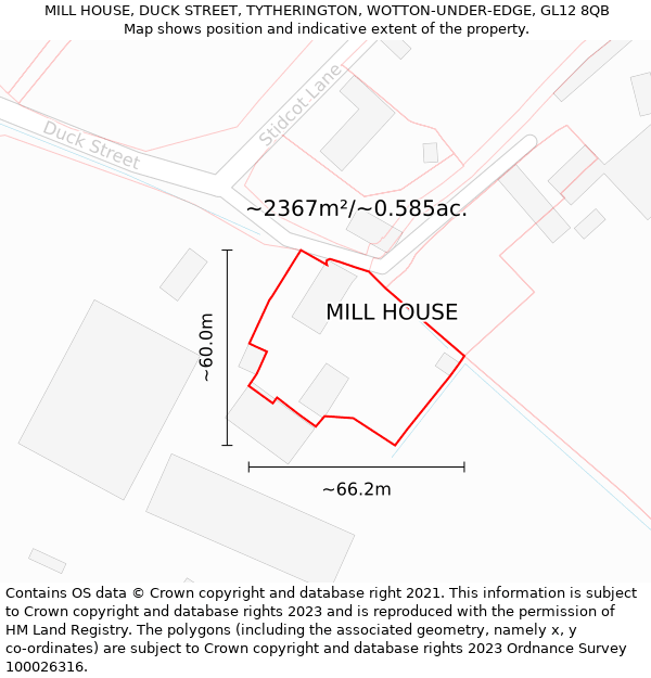 MILL HOUSE, DUCK STREET, TYTHERINGTON, WOTTON-UNDER-EDGE, GL12 8QB: Plot and title map