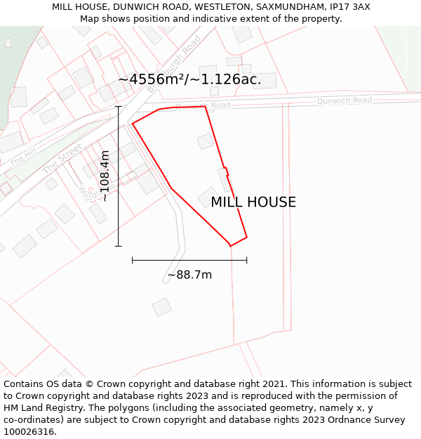 MILL HOUSE, DUNWICH ROAD, WESTLETON, SAXMUNDHAM, IP17 3AX: Plot and title map