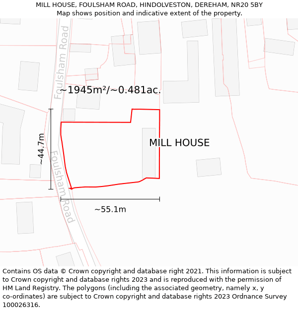 MILL HOUSE, FOULSHAM ROAD, HINDOLVESTON, DEREHAM, NR20 5BY: Plot and title map