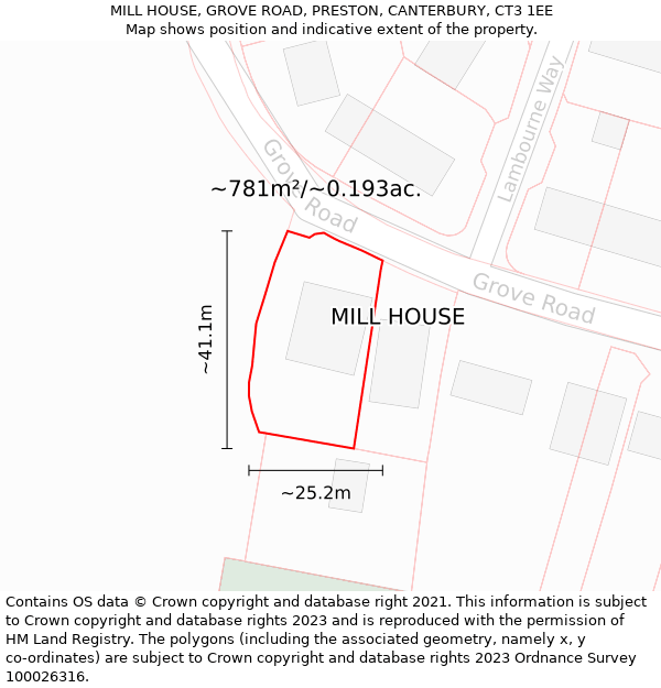 MILL HOUSE, GROVE ROAD, PRESTON, CANTERBURY, CT3 1EE: Plot and title map