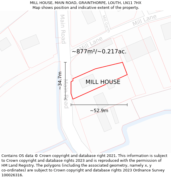 MILL HOUSE, MAIN ROAD, GRAINTHORPE, LOUTH, LN11 7HX: Plot and title map