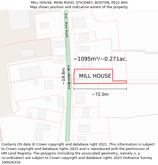 MILL HOUSE, MAIN ROAD, STICKNEY, BOSTON, PE22 8AA: Plot and title map