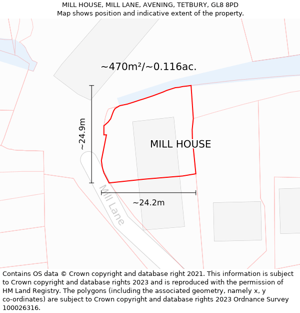 MILL HOUSE, MILL LANE, AVENING, TETBURY, GL8 8PD: Plot and title map