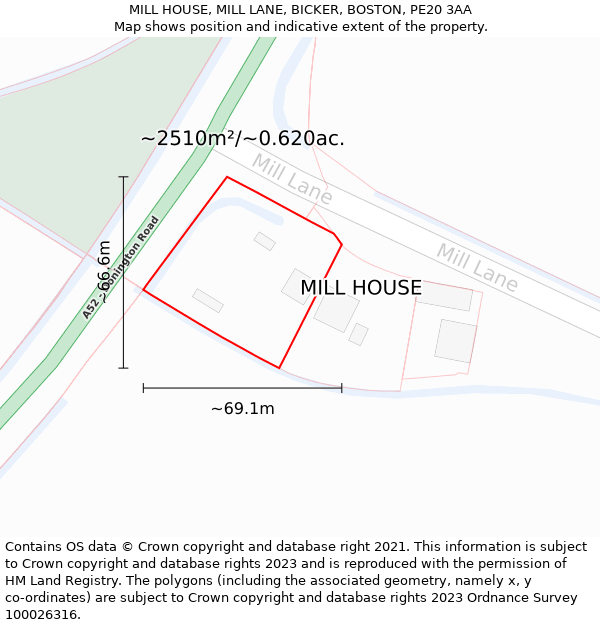 MILL HOUSE, MILL LANE, BICKER, BOSTON, PE20 3AA: Plot and title map