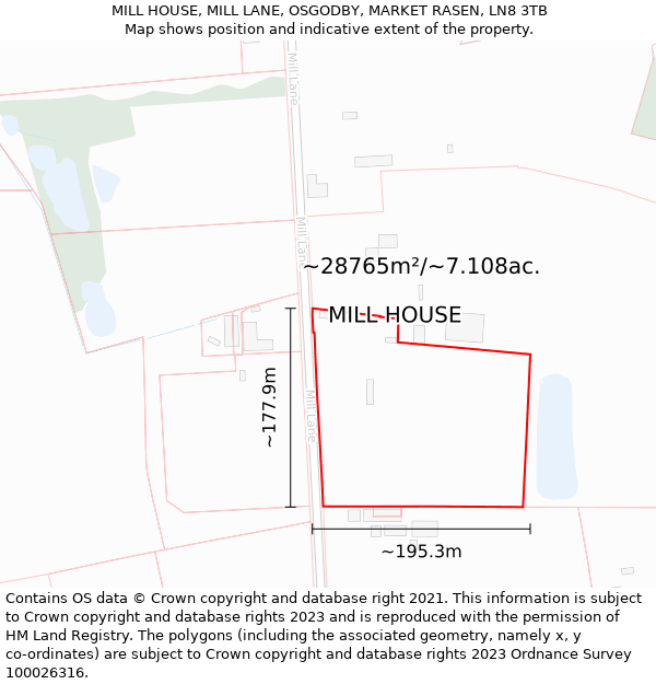 MILL HOUSE, MILL LANE, OSGODBY, MARKET RASEN, LN8 3TB: Plot and title map