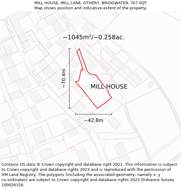 MILL HOUSE, MILL LANE, OTHERY, BRIDGWATER, TA7 0QT: Plot and title map