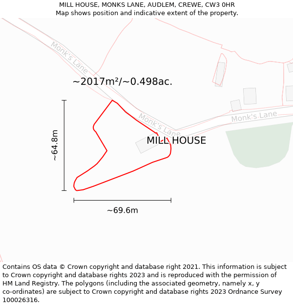 MILL HOUSE, MONKS LANE, AUDLEM, CREWE, CW3 0HR: Plot and title map