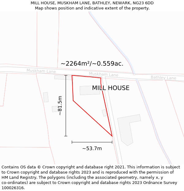 MILL HOUSE, MUSKHAM LANE, BATHLEY, NEWARK, NG23 6DD: Plot and title map