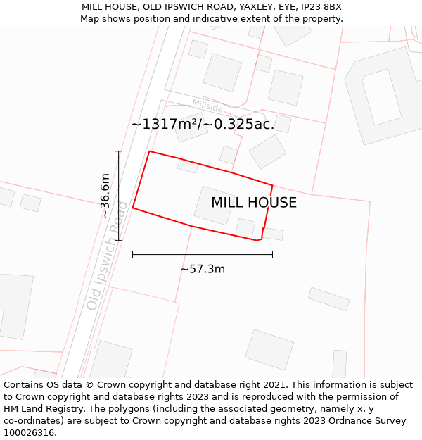 MILL HOUSE, OLD IPSWICH ROAD, YAXLEY, EYE, IP23 8BX: Plot and title map
