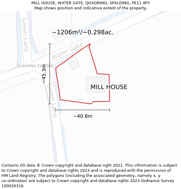 MILL HOUSE, WATER GATE, QUADRING, SPALDING, PE11 4PY: Plot and title map