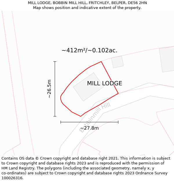 MILL LODGE, BOBBIN MILL HILL, FRITCHLEY, BELPER, DE56 2HN: Plot and title map