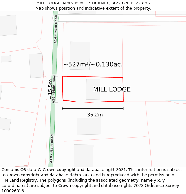 MILL LODGE, MAIN ROAD, STICKNEY, BOSTON, PE22 8AA: Plot and title map