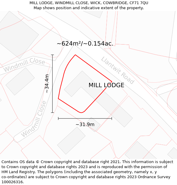 MILL LODGE, WINDMILL CLOSE, WICK, COWBRIDGE, CF71 7QU: Plot and title map