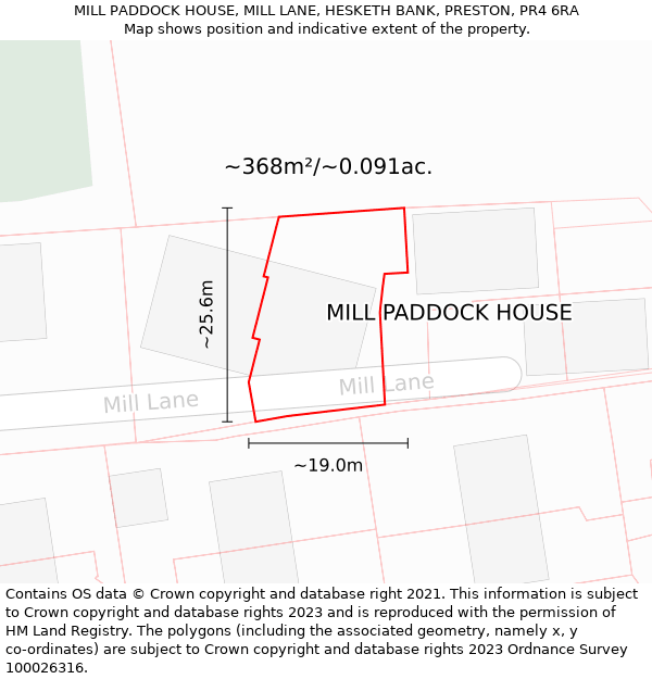 MILL PADDOCK HOUSE, MILL LANE, HESKETH BANK, PRESTON, PR4 6RA: Plot and title map