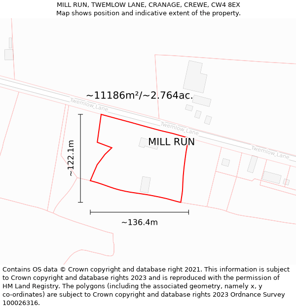 MILL RUN, TWEMLOW LANE, CRANAGE, CREWE, CW4 8EX: Plot and title map