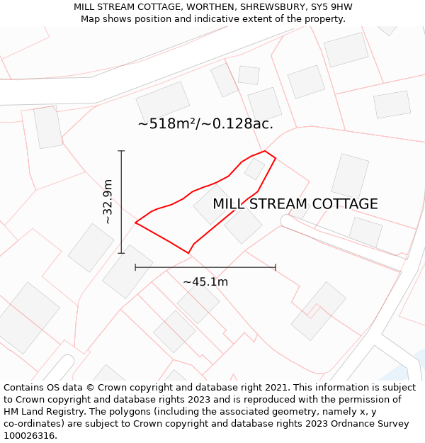 MILL STREAM COTTAGE, WORTHEN, SHREWSBURY, SY5 9HW: Plot and title map