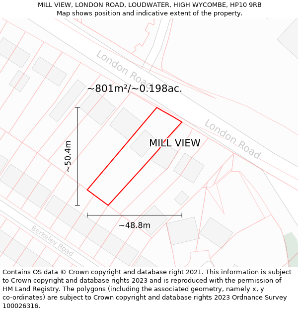 MILL VIEW, LONDON ROAD, LOUDWATER, HIGH WYCOMBE, HP10 9RB: Plot and title map