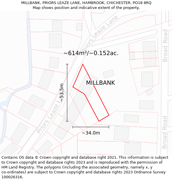 MILLBANK, PRIORS LEAZE LANE, HAMBROOK, CHICHESTER, PO18 8RQ: Plot and title map