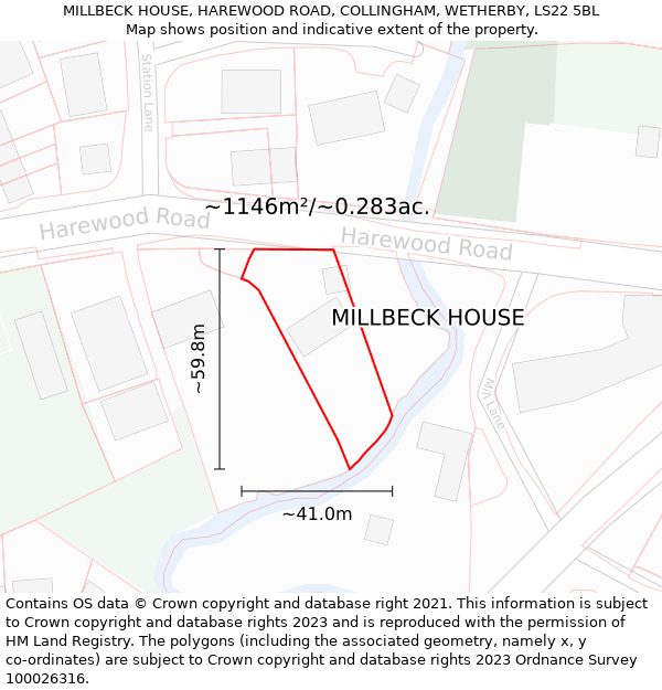 MILLBECK HOUSE, HAREWOOD ROAD, COLLINGHAM, WETHERBY, LS22 5BL: Plot and title map