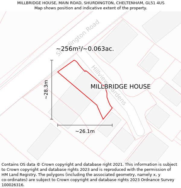 MILLBRIDGE HOUSE, MAIN ROAD, SHURDINGTON, CHELTENHAM, GL51 4US: Plot and title map