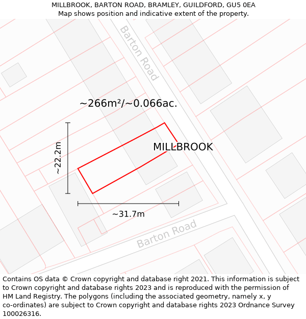 MILLBROOK, BARTON ROAD, BRAMLEY, GUILDFORD, GU5 0EA: Plot and title map