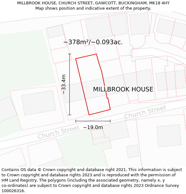 MILLBROOK HOUSE, CHURCH STREET, GAWCOTT, BUCKINGHAM, MK18 4HY: Plot and title map