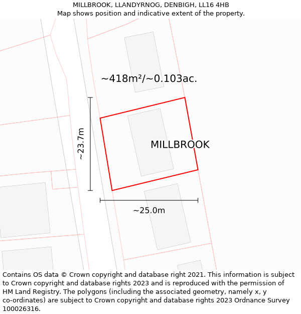 MILLBROOK, LLANDYRNOG, DENBIGH, LL16 4HB: Plot and title map