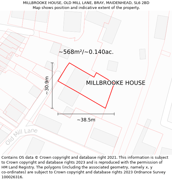 MILLBROOKE HOUSE, OLD MILL LANE, BRAY, MAIDENHEAD, SL6 2BD: Plot and title map