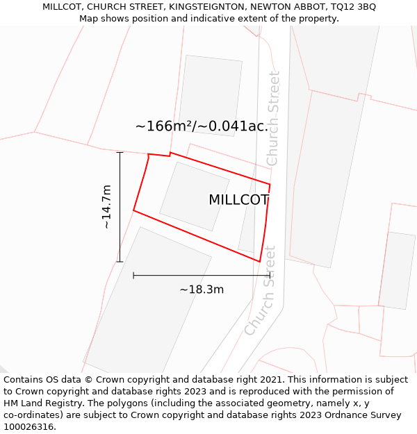 MILLCOT, CHURCH STREET, KINGSTEIGNTON, NEWTON ABBOT, TQ12 3BQ: Plot and title map