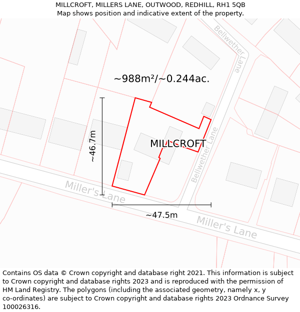 MILLCROFT, MILLERS LANE, OUTWOOD, REDHILL, RH1 5QB: Plot and title map