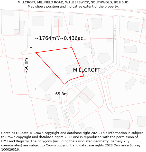 MILLCROFT, MILLFIELD ROAD, WALBERSWICK, SOUTHWOLD, IP18 6UD: Plot and title map