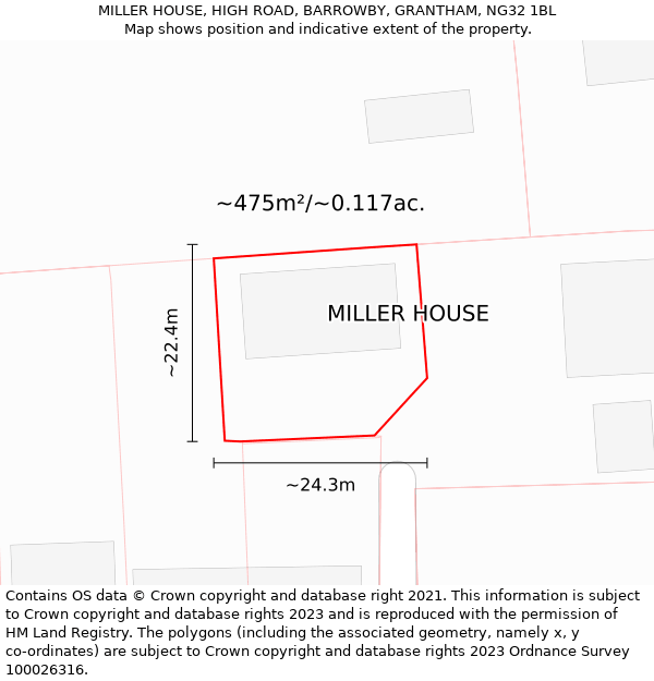 MILLER HOUSE, HIGH ROAD, BARROWBY, GRANTHAM, NG32 1BL: Plot and title map