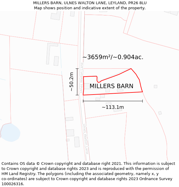 MILLERS BARN, ULNES WALTON LANE, LEYLAND, PR26 8LU: Plot and title map