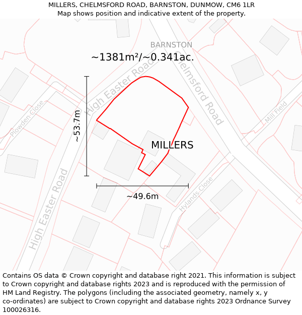 MILLERS, CHELMSFORD ROAD, BARNSTON, DUNMOW, CM6 1LR: Plot and title map