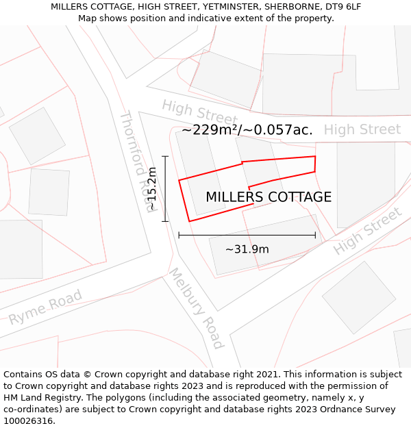 MILLERS COTTAGE, HIGH STREET, YETMINSTER, SHERBORNE, DT9 6LF: Plot and title map