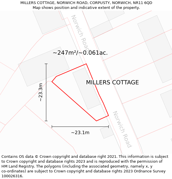 MILLERS COTTAGE, NORWICH ROAD, CORPUSTY, NORWICH, NR11 6QD: Plot and title map