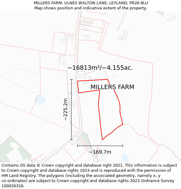 MILLERS FARM, ULNES WALTON LANE, LEYLAND, PR26 8LU: Plot and title map