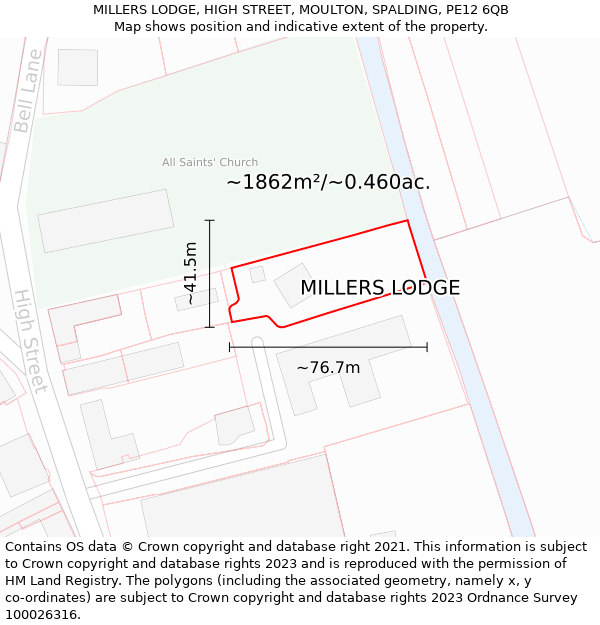 MILLERS LODGE, HIGH STREET, MOULTON, SPALDING, PE12 6QB: Plot and title map