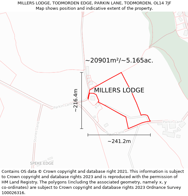 MILLERS LODGE, TODMORDEN EDGE, PARKIN LANE, TODMORDEN, OL14 7JF: Plot and title map