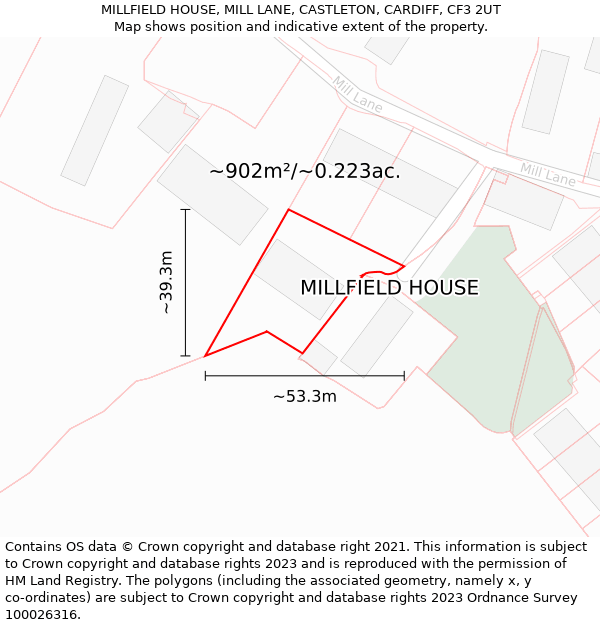 MILLFIELD HOUSE, MILL LANE, CASTLETON, CARDIFF, CF3 2UT: Plot and title map