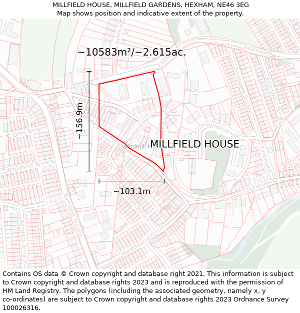 MILLFIELD HOUSE, MILLFIELD GARDENS, HEXHAM, NE46 3EG: Plot and title map