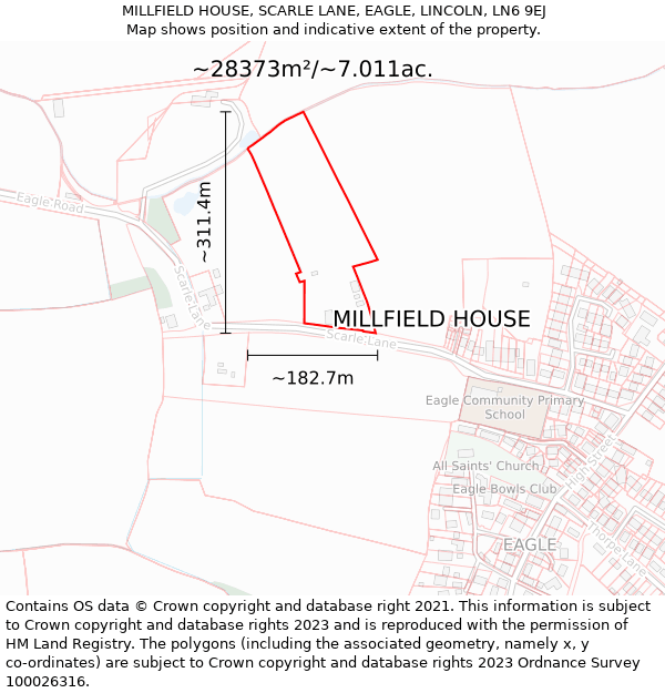 MILLFIELD HOUSE, SCARLE LANE, EAGLE, LINCOLN, LN6 9EJ: Plot and title map