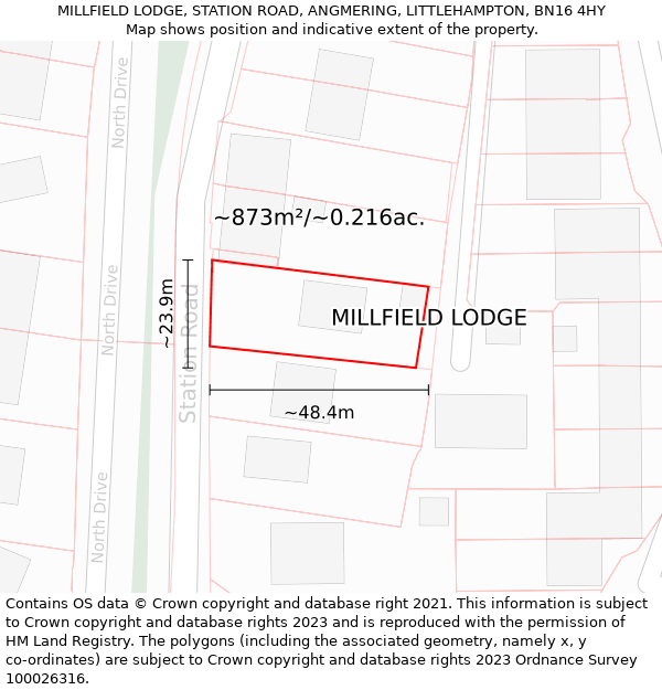 MILLFIELD LODGE, STATION ROAD, ANGMERING, LITTLEHAMPTON, BN16 4HY: Plot and title map