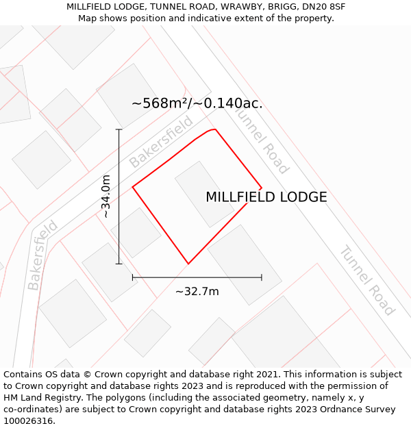 MILLFIELD LODGE, TUNNEL ROAD, WRAWBY, BRIGG, DN20 8SF: Plot and title map