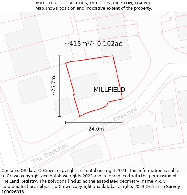 MILLFIELD, THE BEECHES, TARLETON, PRESTON, PR4 6EL: Plot and title map