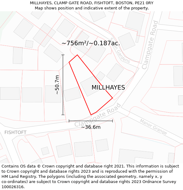 MILLHAYES, CLAMP GATE ROAD, FISHTOFT, BOSTON, PE21 0RY: Plot and title map