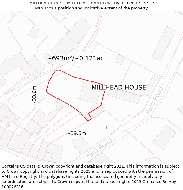 MILLHEAD HOUSE, MILL HEAD, BAMPTON, TIVERTON, EX16 9LP: Plot and title map