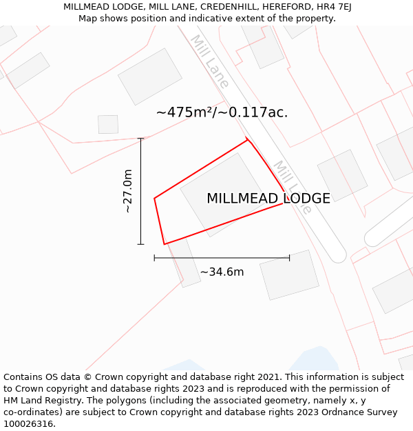 MILLMEAD LODGE, MILL LANE, CREDENHILL, HEREFORD, HR4 7EJ: Plot and title map