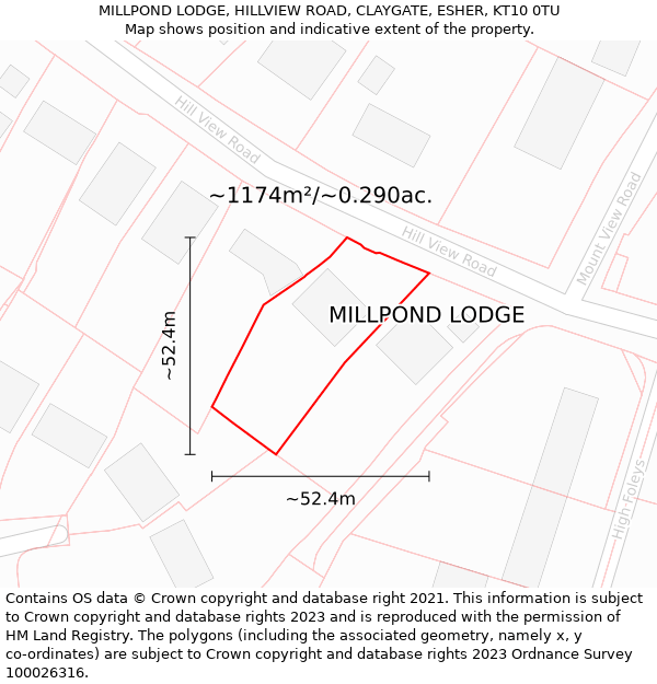 MILLPOND LODGE, HILLVIEW ROAD, CLAYGATE, ESHER, KT10 0TU: Plot and title map